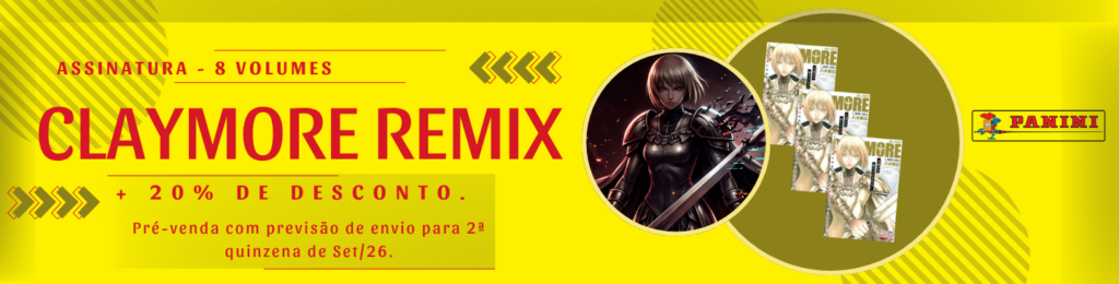 Banner vibrante destacando a determinação no olhar da guerreira Clare e as capas da nova edição, ilustrando a empolgação para a pré-venda do Mangá Claymore Remix. Uma análise completa sobre o formato aguarda os leitores no artigo.