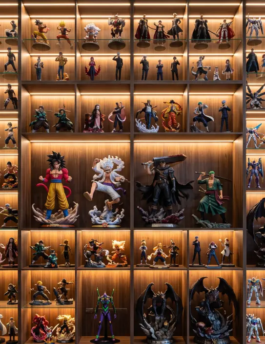 Uma imponente estante de madeira lindamente iluminada exibindo uma vasta coleção de figuras incríveis, capturando a essência e o fascínio épico de personagens icônicos dos animes para representar nosso catálogo.