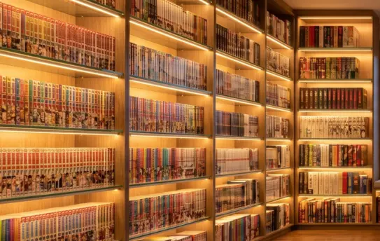 Uma vasta e imponente estante de madeira lindamente iluminada com LEDs quentes, exibindo uma incrível coleção de mangás top e manhwas. A imagem reflete o conforto e a paixão pelas grandes histórias em quadrinhos orientais presentes em nosso acervo.