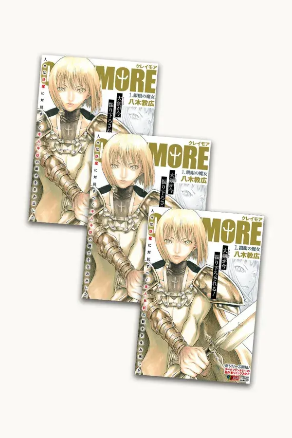 Uma composição destacando as belíssimas capas da nova edição com o olhar determinado da guerreira Clare, ilustrando o lançamento imperdível da Assinatura Panini Claymore Remix para os fãs de fantasia sombria em nossa loja.