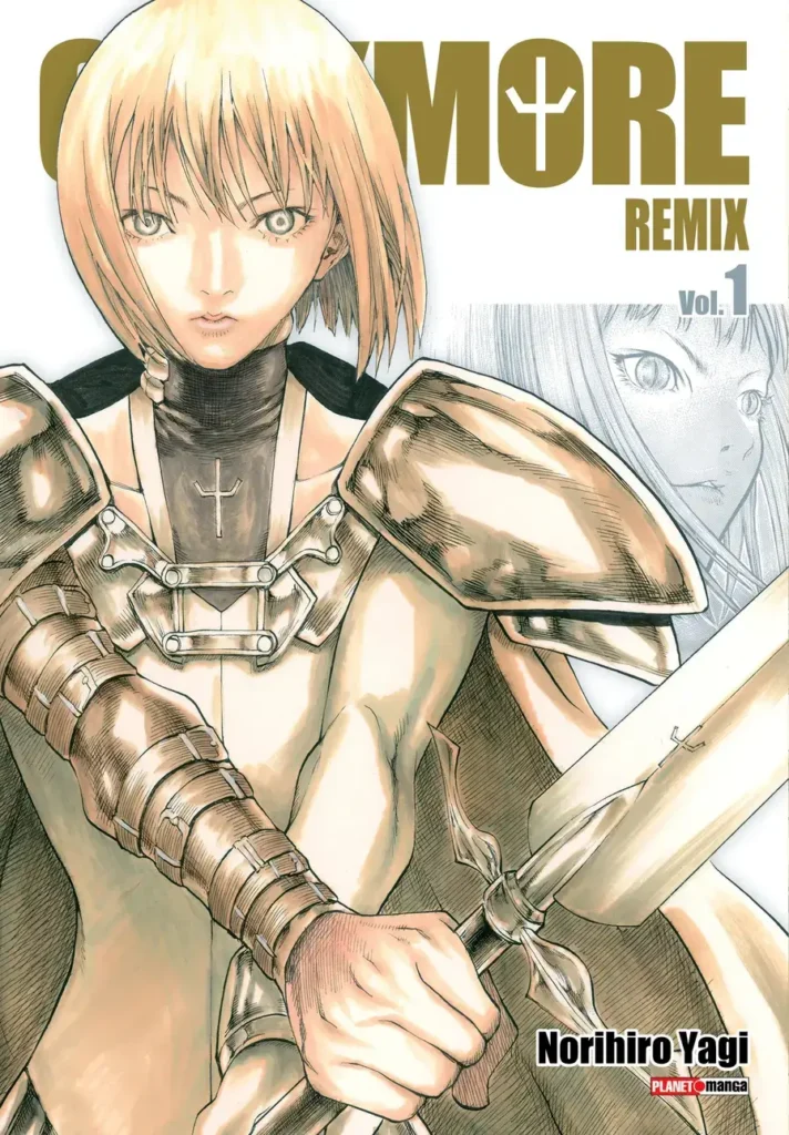 Uma belíssima capa destacando o olhar gélido e determinado da guerreira Clare empunhando sua espada gigante, apresentando o aguardado lançamento do mangá Panini Claymore Remix 1 para os fãs de fantasia sombria em nossa loja.