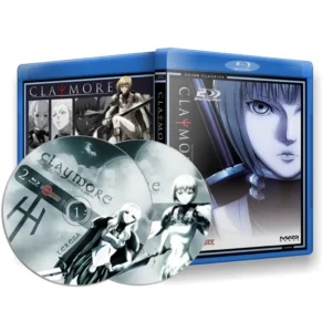 Imagem detalhada do box azul e dos discos do Blu-ray Claymore - Série Dublada, exibindo as lendárias guerreiras Clare e Teresa na belíssima arte da capa e nas mídias físicas, representando a edição definitiva em alta definição para os fãs e colecionadores de fantasia sombria.