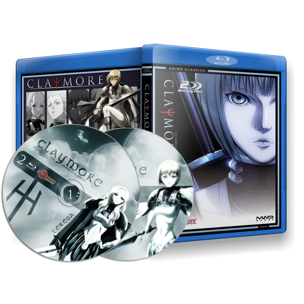Imagem detalhada do box azul e dos discos do Blu-ray Claymore - Série Dublada, exibindo as lendárias guerreiras Clare e Teresa na belíssima arte da capa e nas mídias físicas, representando a edição definitiva em alta definição para os fãs e colecionadores de fantasia sombria.