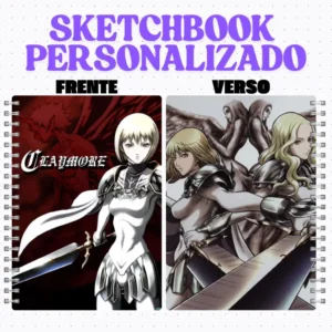 Visão detalhada da capa e contracapa do Caderno Personalizado Para Desenho do Anime e Mangá Claymore, destacando o olhar implacável da guerreira Clare na frente e a união épica de outras guerreiras no verso, perfeito para os fãs canalizarem sua criatividade e paixão pela fantasia sombria.