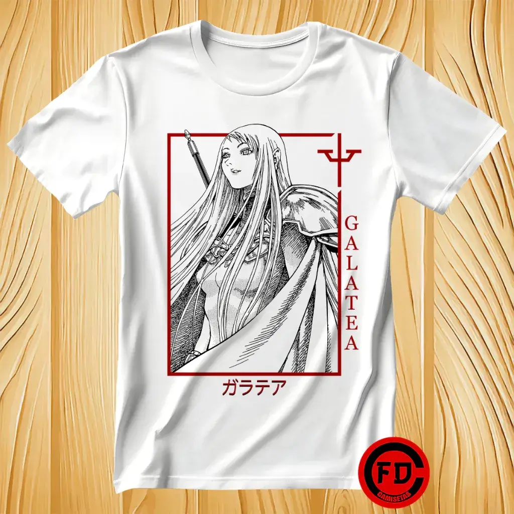 Uma incrível Camiseta Anime Claymore Galatea Unissex destacando uma das lendárias guerreiras em um design elegante, capturando a aura imbatível e o olhar sereno de uma das personagens mais fortes da série, para os fãs vestirem sua paixão épica.