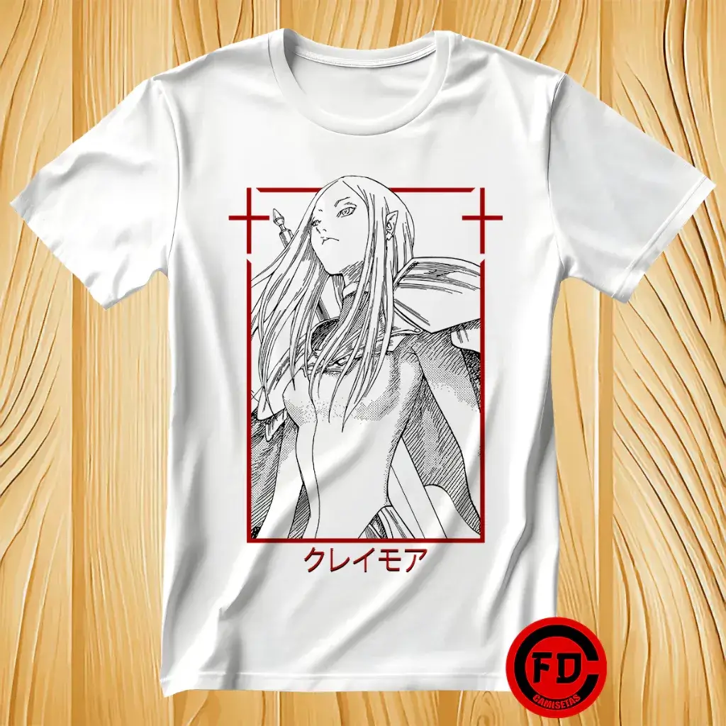 Uma incrível Camiseta Anime Claymore Irene Da Espada Rápida Unissex destacando uma das lendárias guerreiras em um design elegante, capturando a aura imbatível e o olhar sereno de uma das personagens mais fortes da série, para os fãs vestirem sua paixão épica.