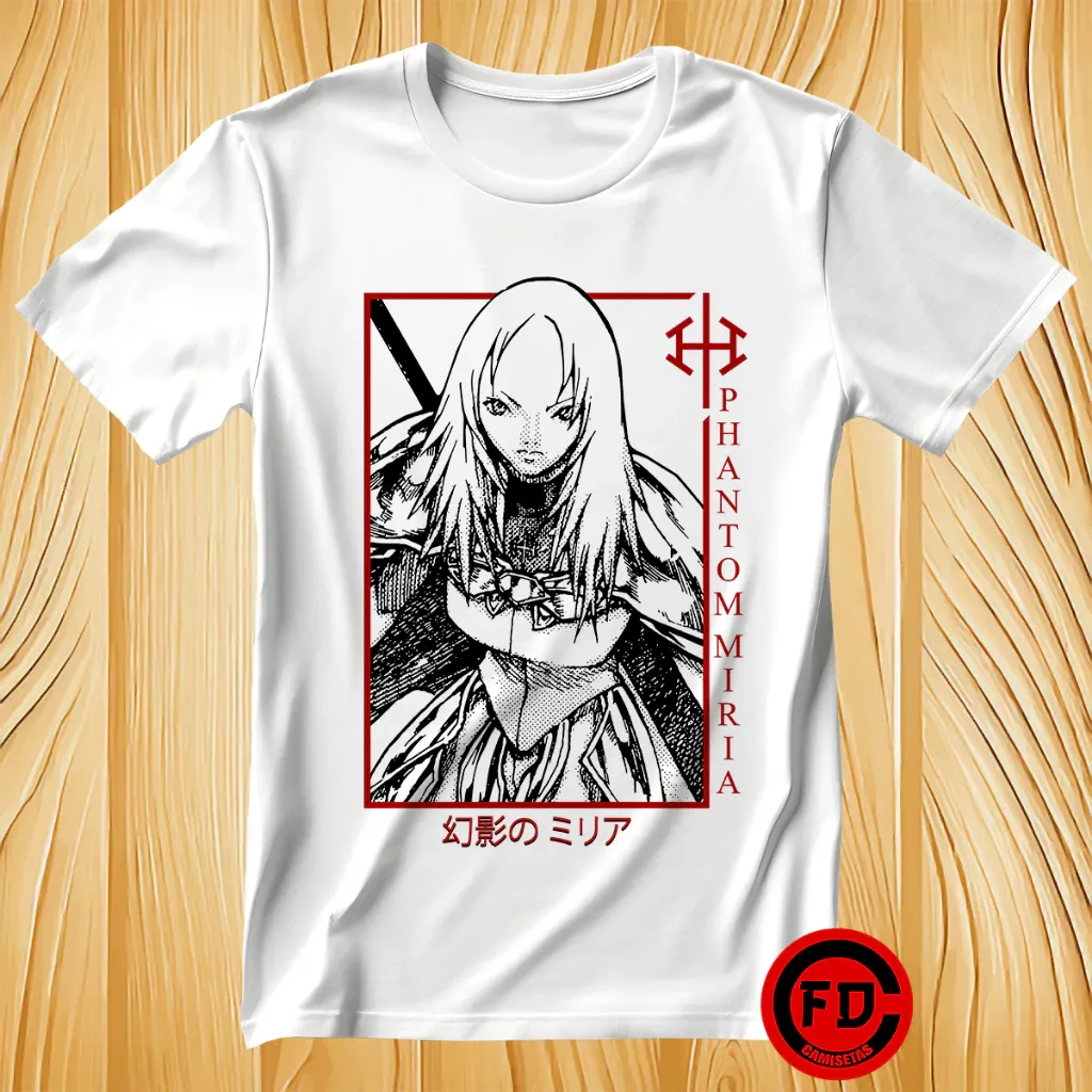 Uma incrível Camiseta Anime Claymore Miria,A Fantasma Unissex destacando uma das lendárias guerreiras em um design elegante, capturando a aura imbatível e o olhar sereno de uma das personagens mais fortes da série, para os fãs vestirem sua paixão épica.