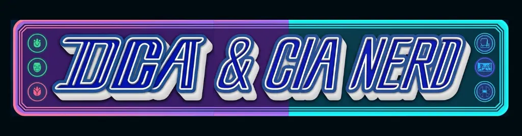 O Logo banner DCA e Cia com um design vibrante em estilo cyberpunk neon e circuitos digitais, representando a identidade oficial do nosso site institucional, loja nerd e blog de reviews focado no universo geek e fantasia sombria.