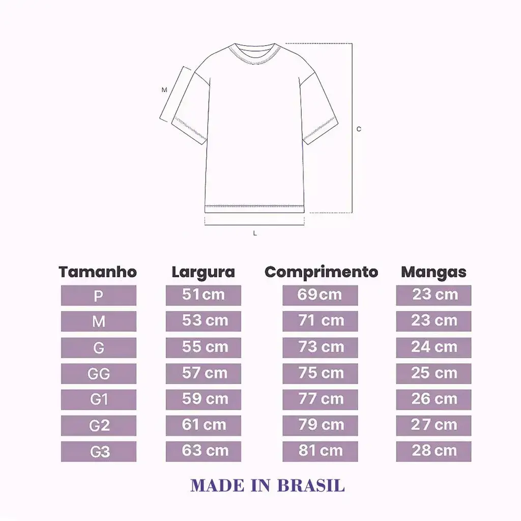 Guia prático com a tabela de medidas da Camiseta Unissex "Claymore", detalhando larguras e comprimentos para garantir o caimento perfeito aos fãs da guerreira Clare.