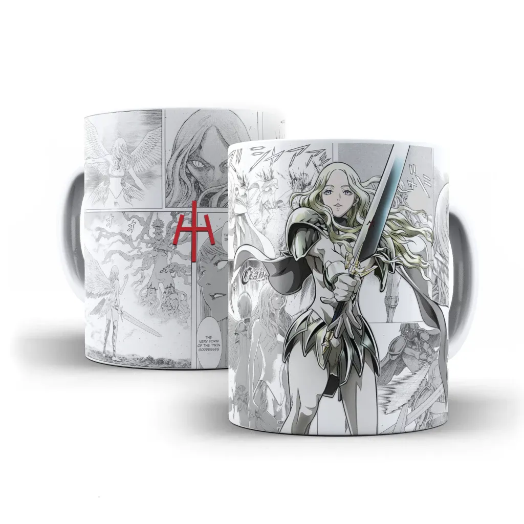 Imagem em destaque da Caneca Claymore Manga Anime Personalizada - Teresa, revelando a lendária guerreira empunhando sua grande espada diante de icônicos painéis do mangá em preto e branco, capturando a essência heroica e a beleza letal da fantasia sombria para a sua coleção.