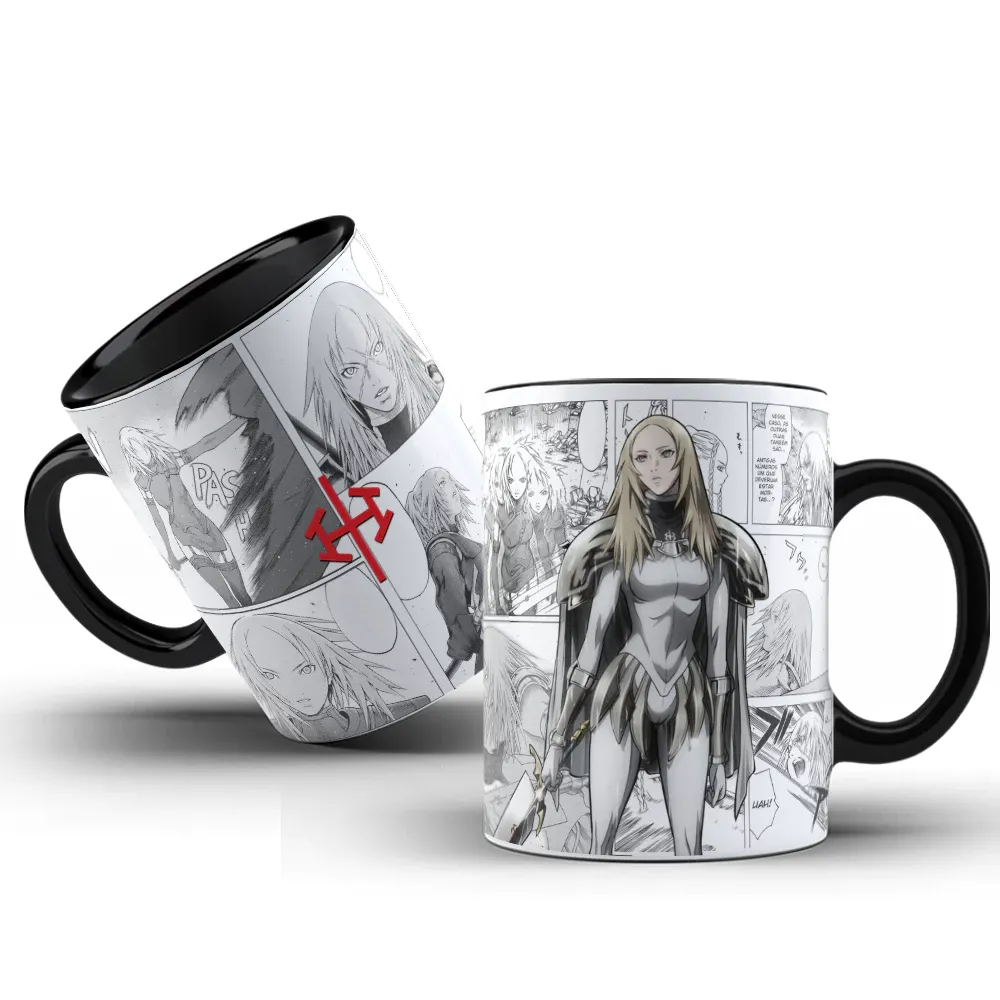 Imagem detalhada da Caneca INTERIOR PRETO Claymore Manga Anime Personalizada - Teresa, exibindo a imponente guerreira sobre clássicos painéis do mangá, com o elegante interior escuro realçando perfeitamente a aura de fantasia sombria para os fãs começarem o dia com poder.