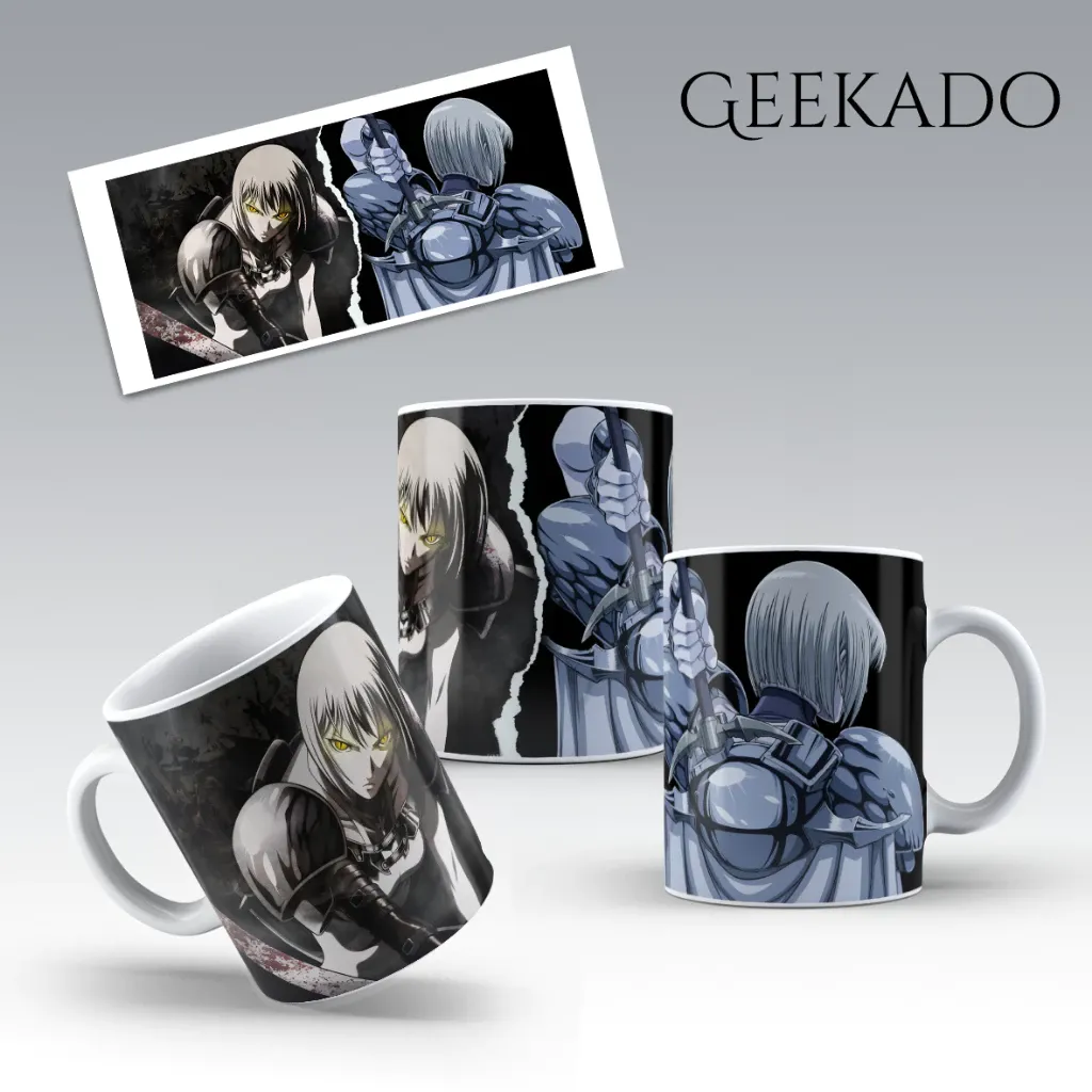 Imagem de destaque exibindo os múltiplos ângulos das Canecas Claymore Anime Mangá Personalizada, destacando a arte intensa da implacável guerreira Clare. O design captura perfeitamente o olhar determinado e a aura de fantasia sombria para os fãs começarem o dia com a energia épica da Organização.