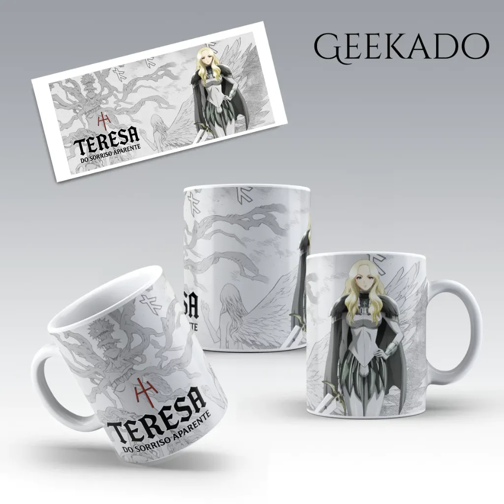 Imagem detalhada em múltiplos ângulos das Canecas Claymore Anime Mangá Personalizada, destacando a aura majestosa e o sorriso letal da lendária guerreira Teresa. Uma arte deslumbrante que captura a essência da fantasia sombria para os fãs começarem o dia com poder e elegância.
