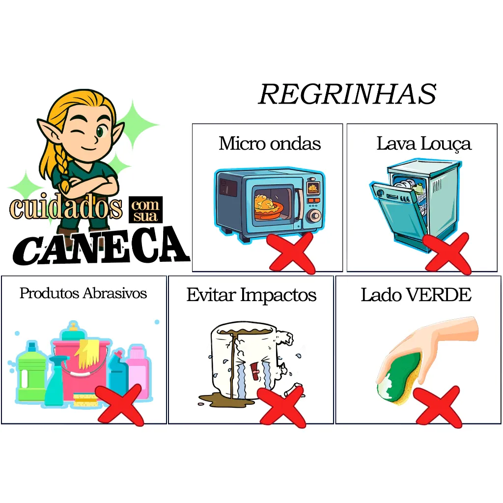 Infográfico detalhando as regrinhas e cuidados essenciais para preservar a arte de fantasia sombria das suas Canecas Claymore Anime Mangá Personalizada, orientando os fãs a evitarem micro-ondas, lava-louças e abrasivos para garantir máxima durabilidade.