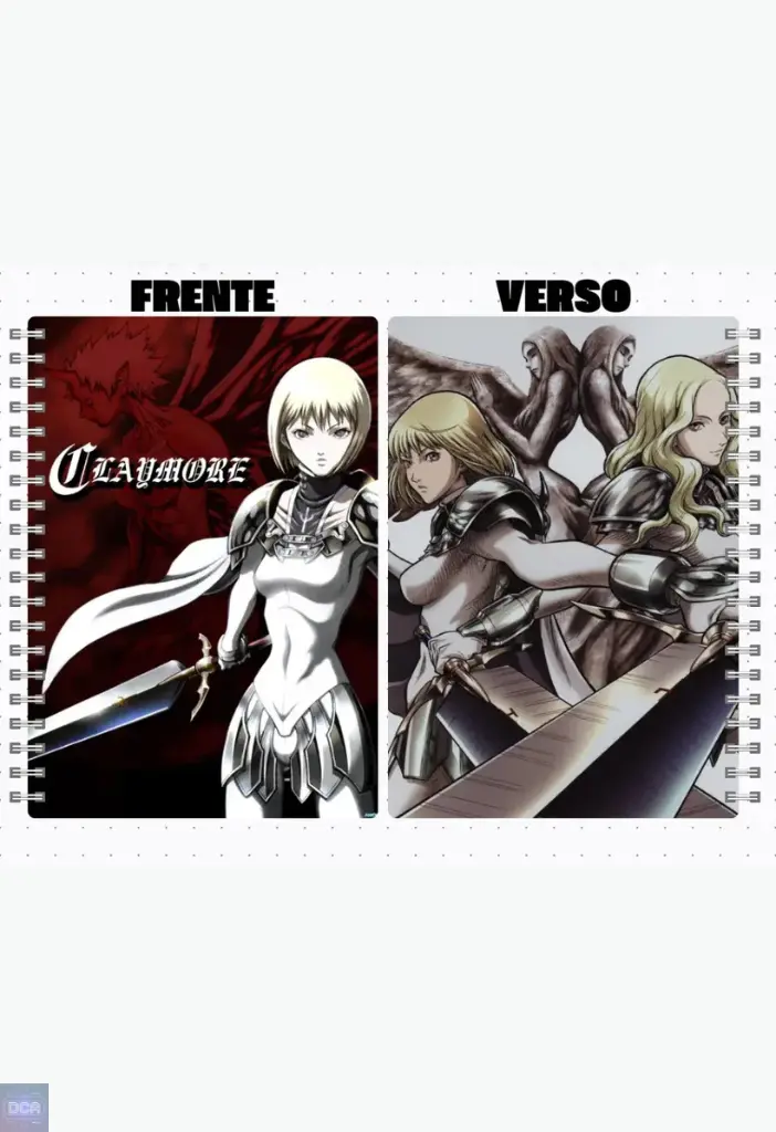 Visão detalhada de frente e verso da capa e contracapa do Caderno Personalizado Para Desenho do Anime e Mangá Claymore, destacando o olhar implacável da guerreira Clare na frente e a união épica de outras guerreiras no verso, perfeito para os fãs canalizarem sua criatividade e paixão pela fantasia sombria.