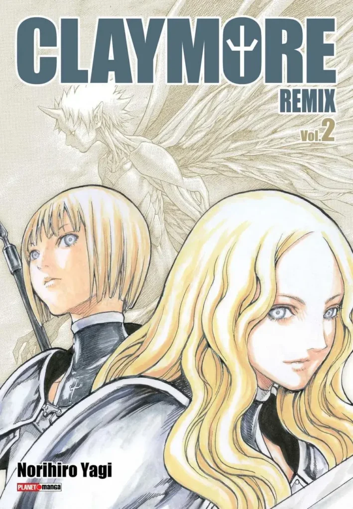 Capa oficial destacando o traço sombrio e a guerreira de olhos prateados no mangá Claymore Remix 2, edição de colecionador da Panini.